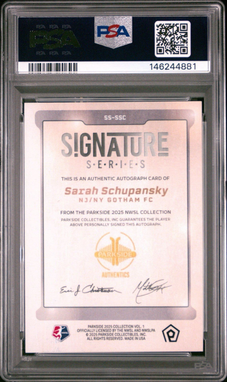 Sarah Schupansky 2025 Parkside NWSL Sig Series Rookie Auto Shimmer /99 PSA 9
