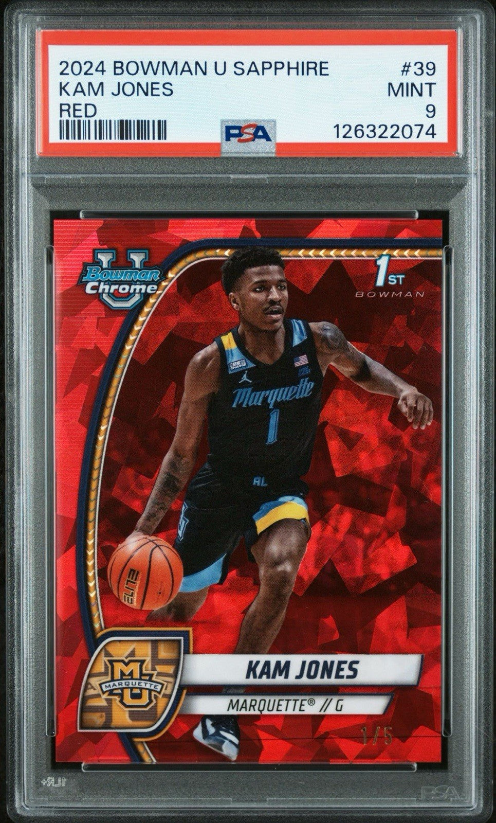 2025 Bowman Chrome U basketball Sapphire Edition Red - Kam Jones #d /5 - PSA 9