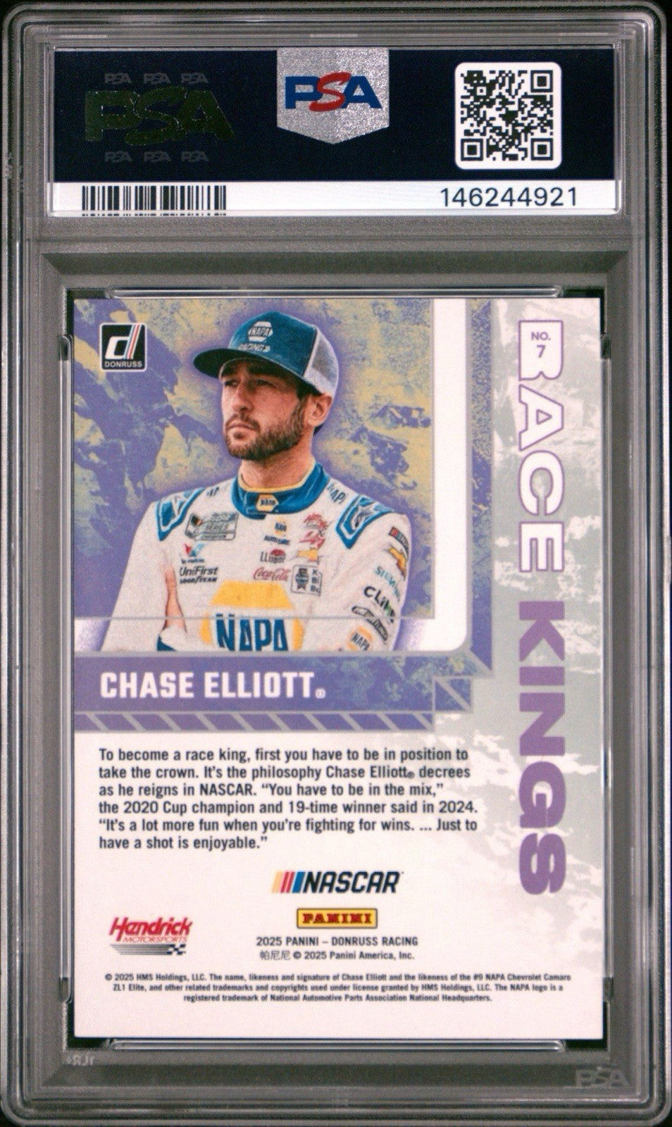 2025 Donruss #7 Chase Elliott Race Kings Blue XPlosion /49 - PSA 10 Gem