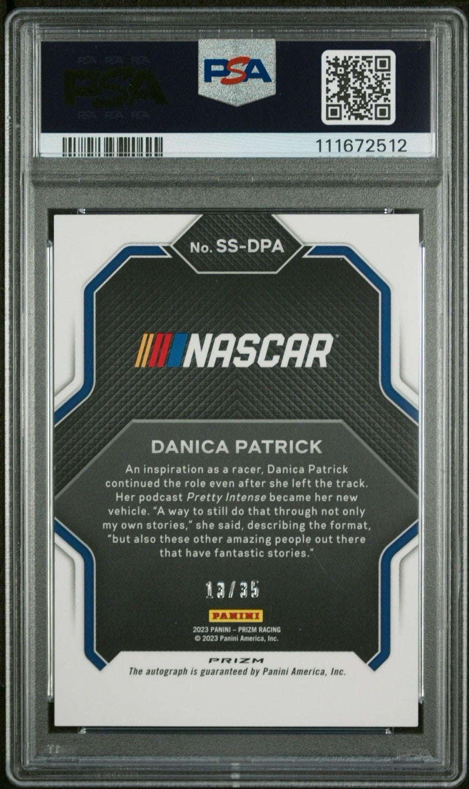 Danica Patrick 2023 Panini Prizm Nascar Spotlight Auto RWB Hyper /36 PSA 10