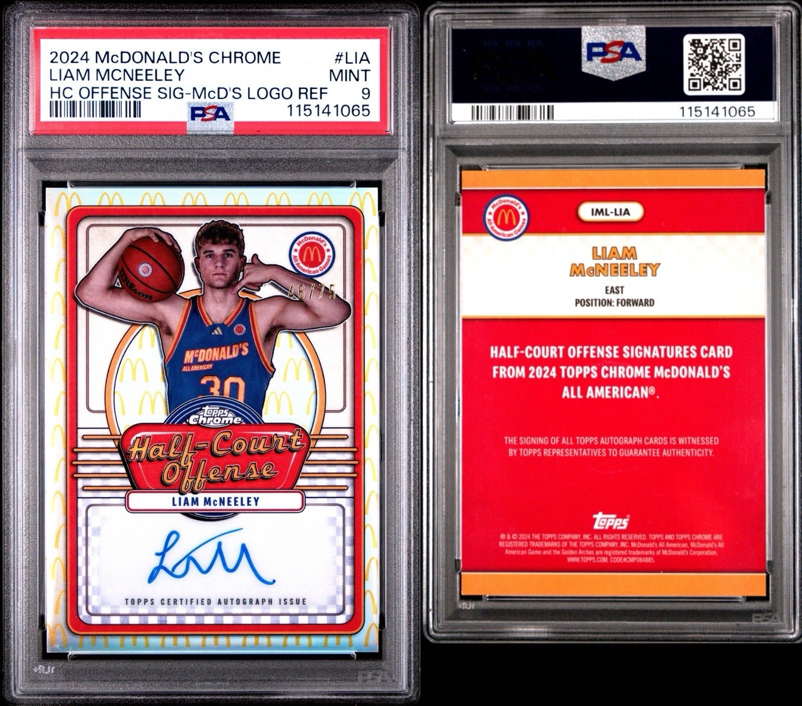 2024 Topps Chrome Mcdonald's Liam McNeely Logo Refractor Auto /75 PSA 9