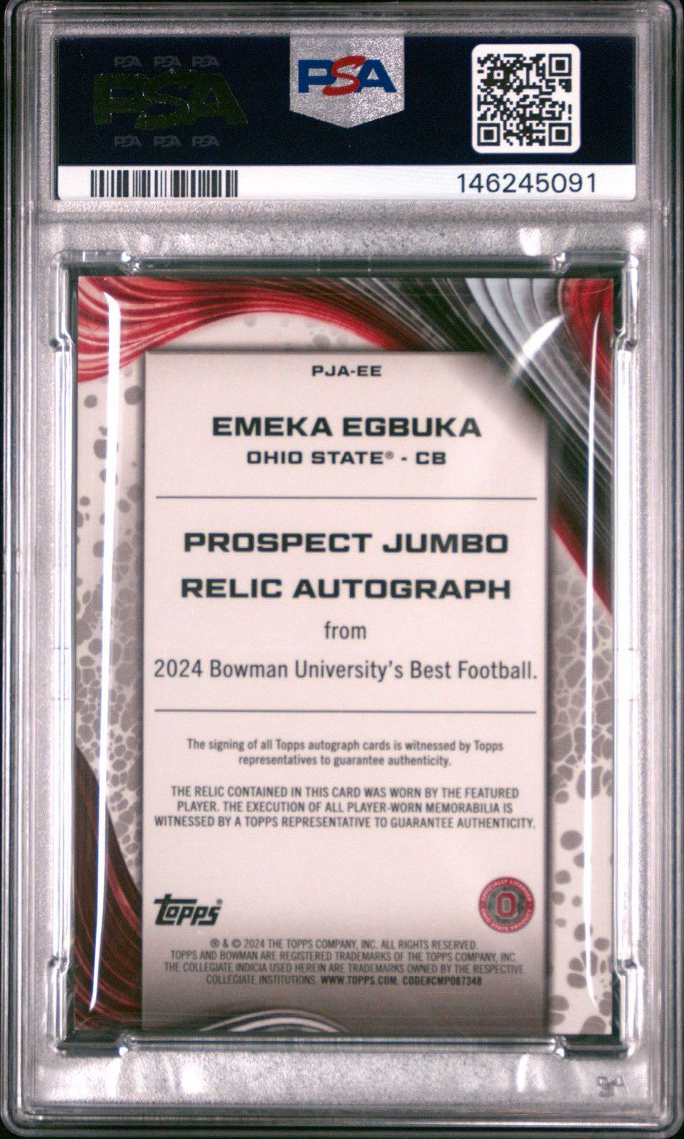 2024 Bowman's Best U Jumbo Relic Autograph - Emeka Egbuka - PSA 9