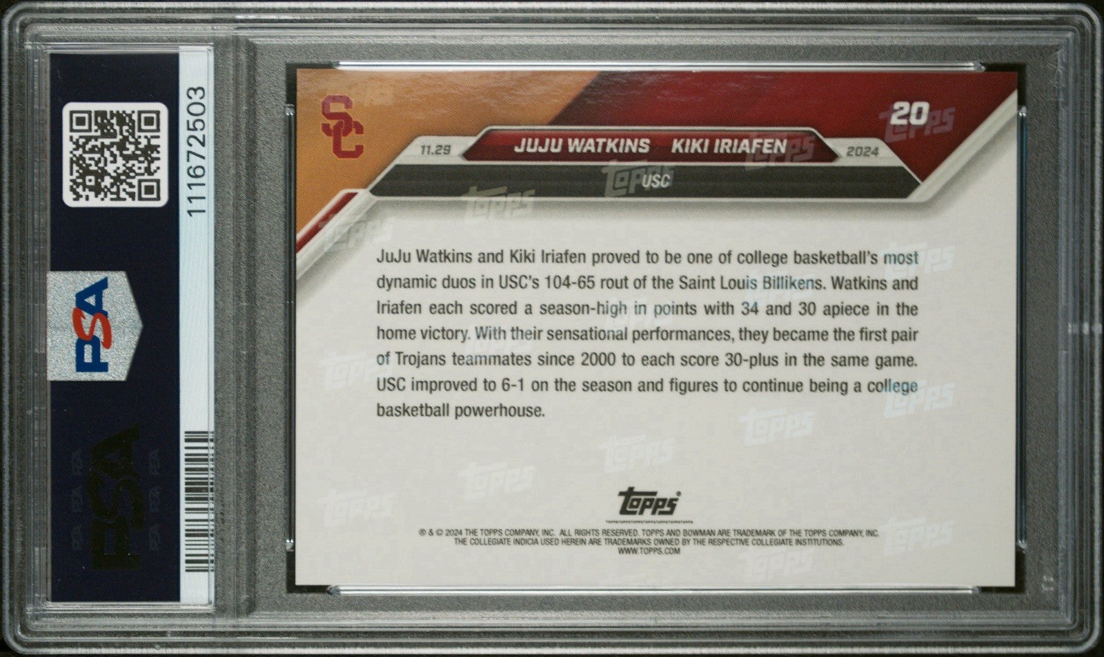 2024-25 Bowman U Now #20 Blue /49 Juju Watkins/Kiki Iriafen USC PSA 9 MT