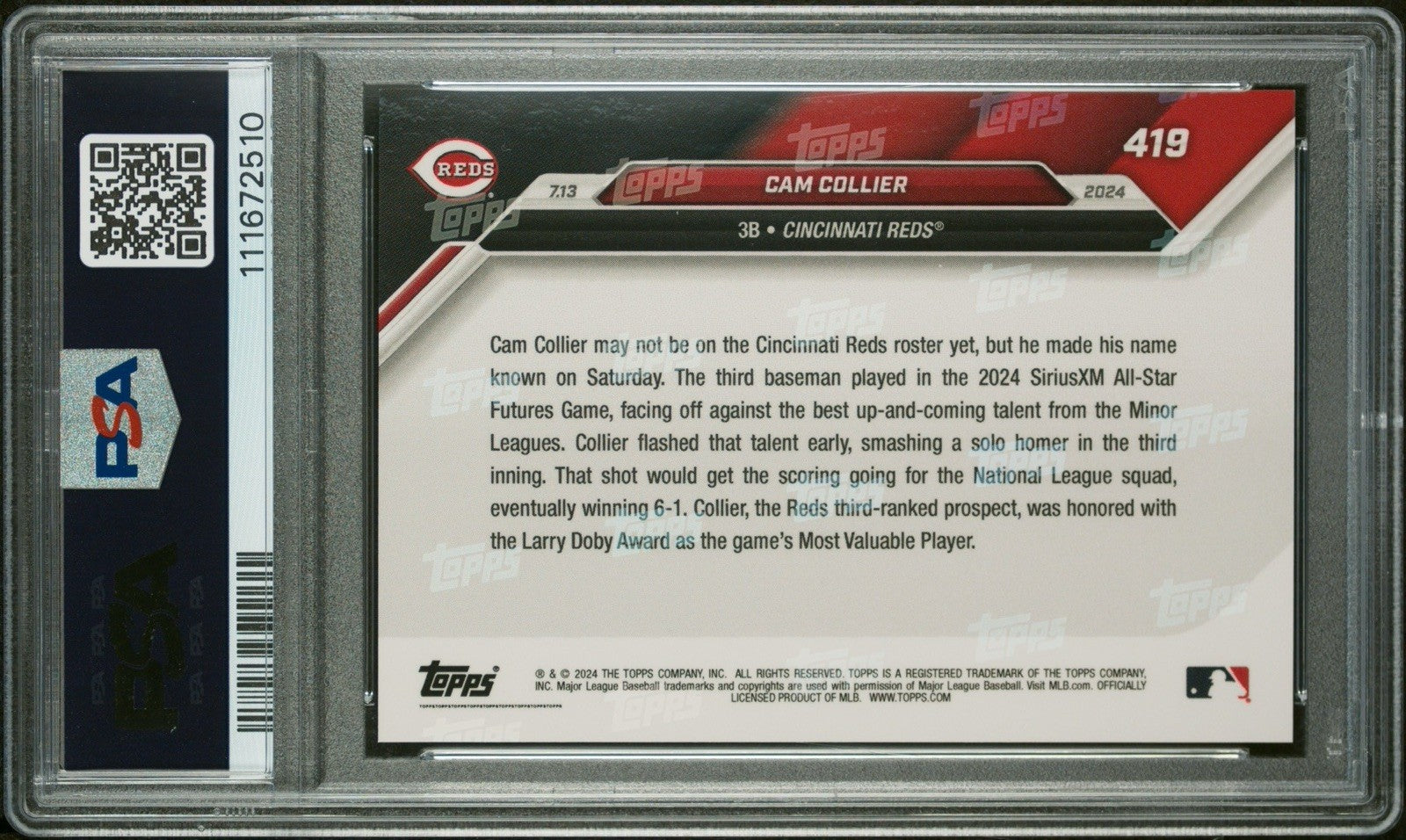Cam Collier 2024 Futures Game MVP - 2024 MLB TOPPS NOW Card Purple /25 - PSA 9