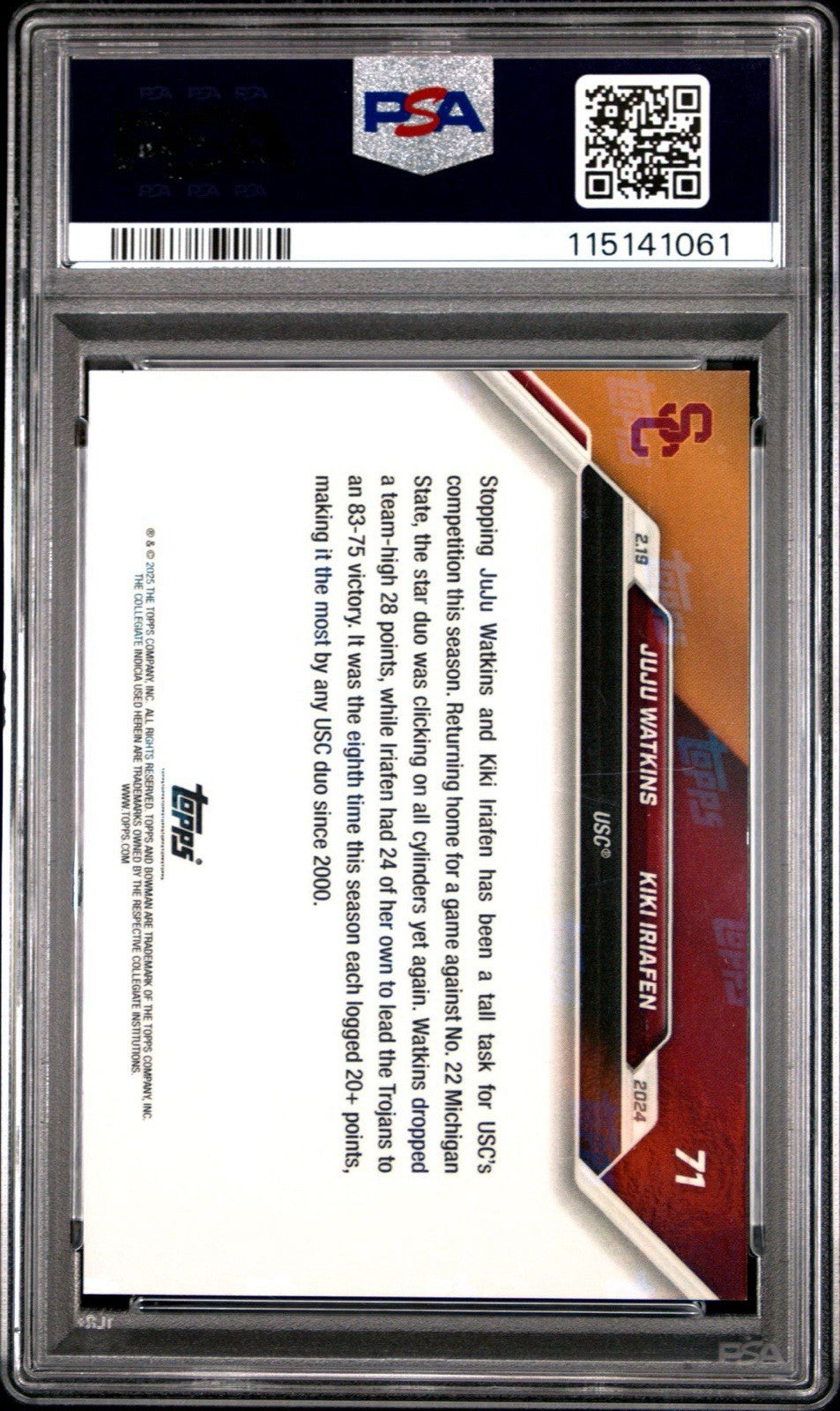 2024-25 Bowman U Now #71 Juju Watkins Kiki Iriafen - Red Parallel #d /10 - PSA 9