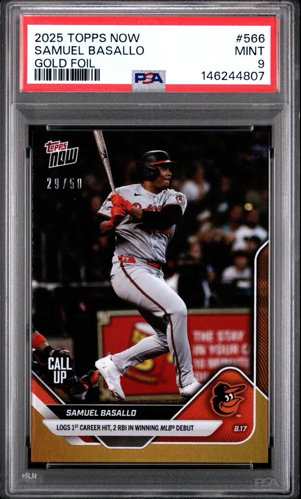 SAMUEL BASALLO 2025 TOPPS NOW GOLD FOIL PARALLEL ROOKIE CARD #566 PSA 9 MINT