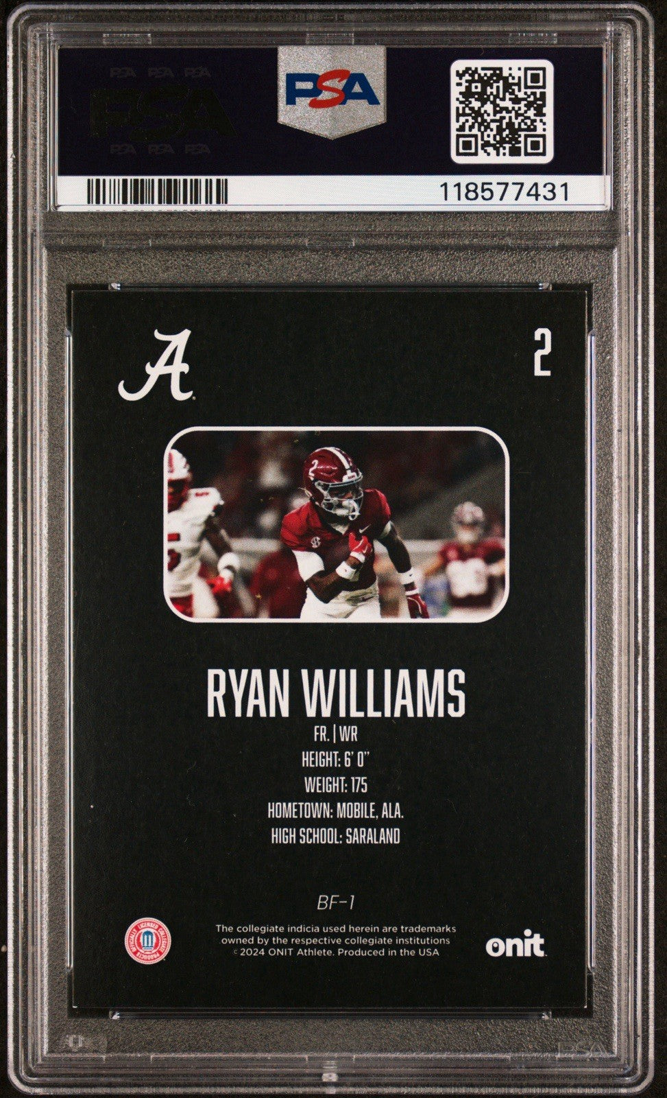 Ryan Williams Gold Holo Foil /99 Onit Athlete Whiteout #BF-1 - PSA 8