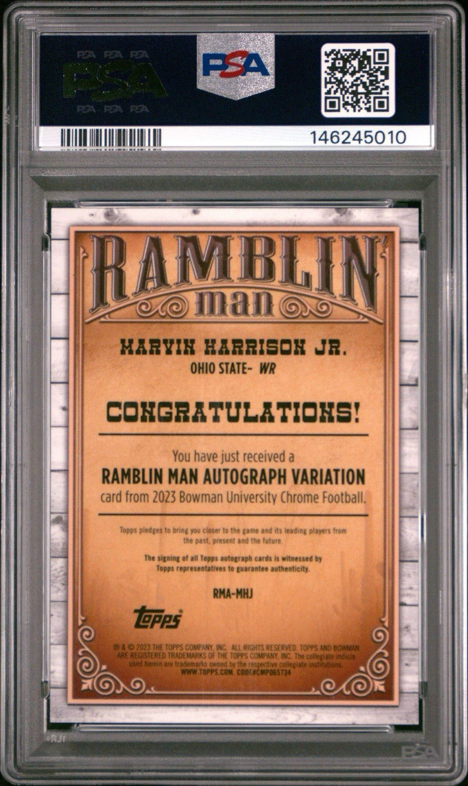 2023 Bowman U Chrome #MHJ Marvin Harrison Jr. Ramblin Man Gold Auto /50 PSA 10