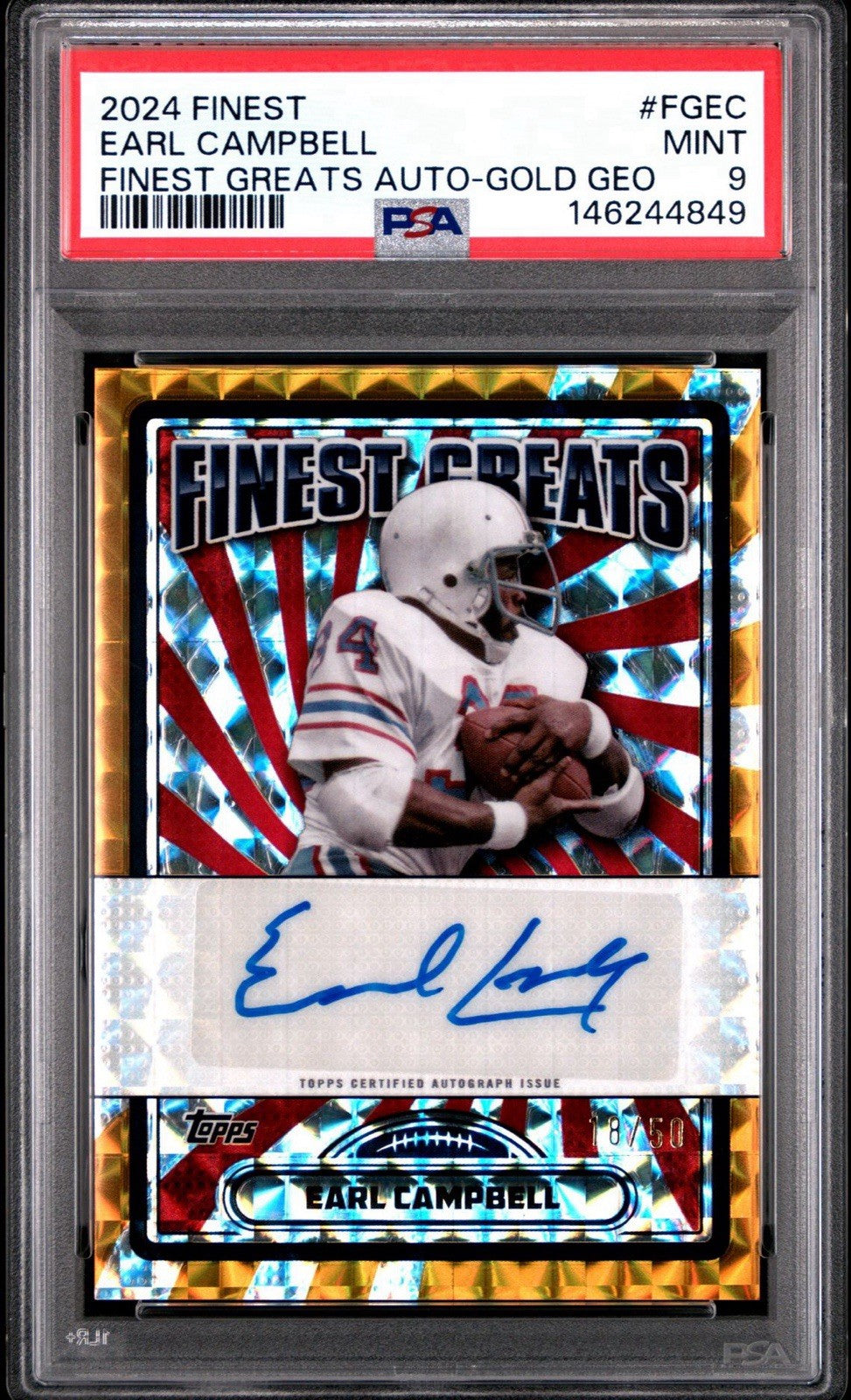 2024 Topps Finest - Finest Greats Autographs Earl Campbell #FG-EC Gold Geo PSA 9