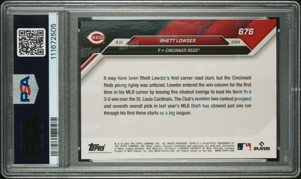 Rhett Lowder Call-Up 1st Win 2024 MLB TOPPS NOW Card 676 Purple #d /25 - PSA 10