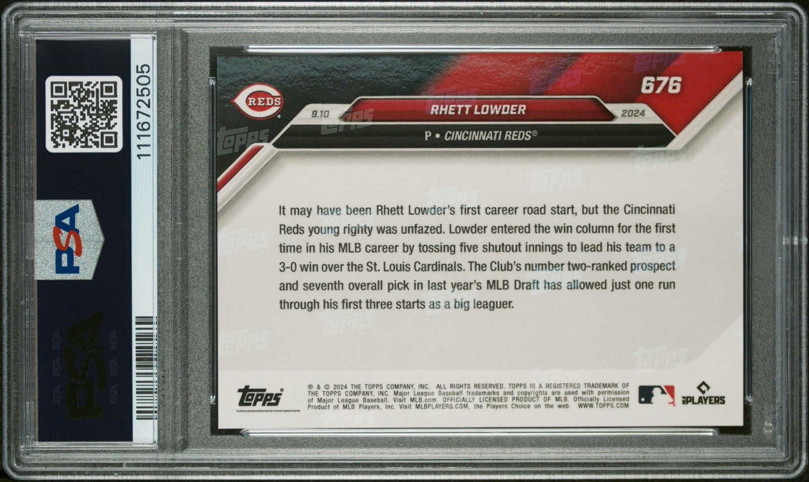 Rhett Lowder Call-Up 1st Win 2024 MLB TOPPS NOW Card 676 Purple #d /25 - PSA 10