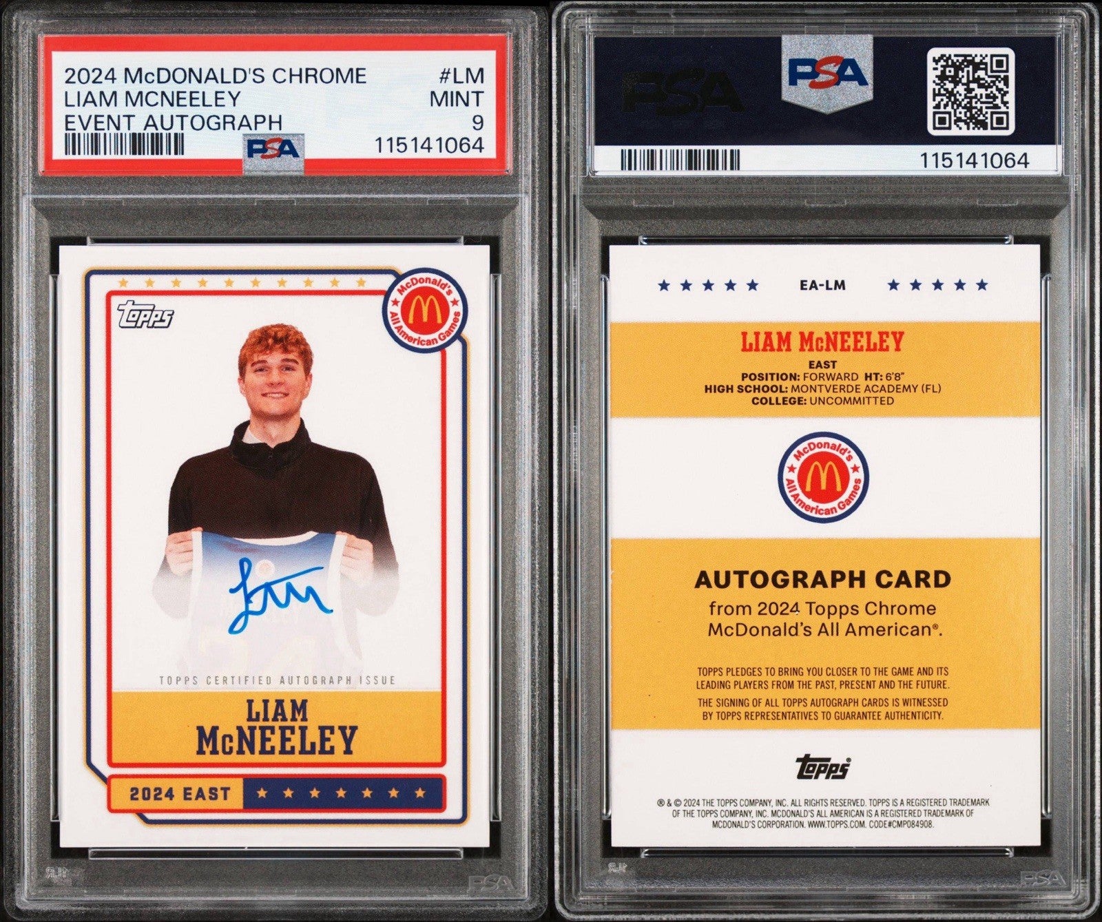 LIAM MCNEELEY 2024 TOPPS CHROME MCDONALD'S ALL-AMERICAN EVENT Auto PSA 9