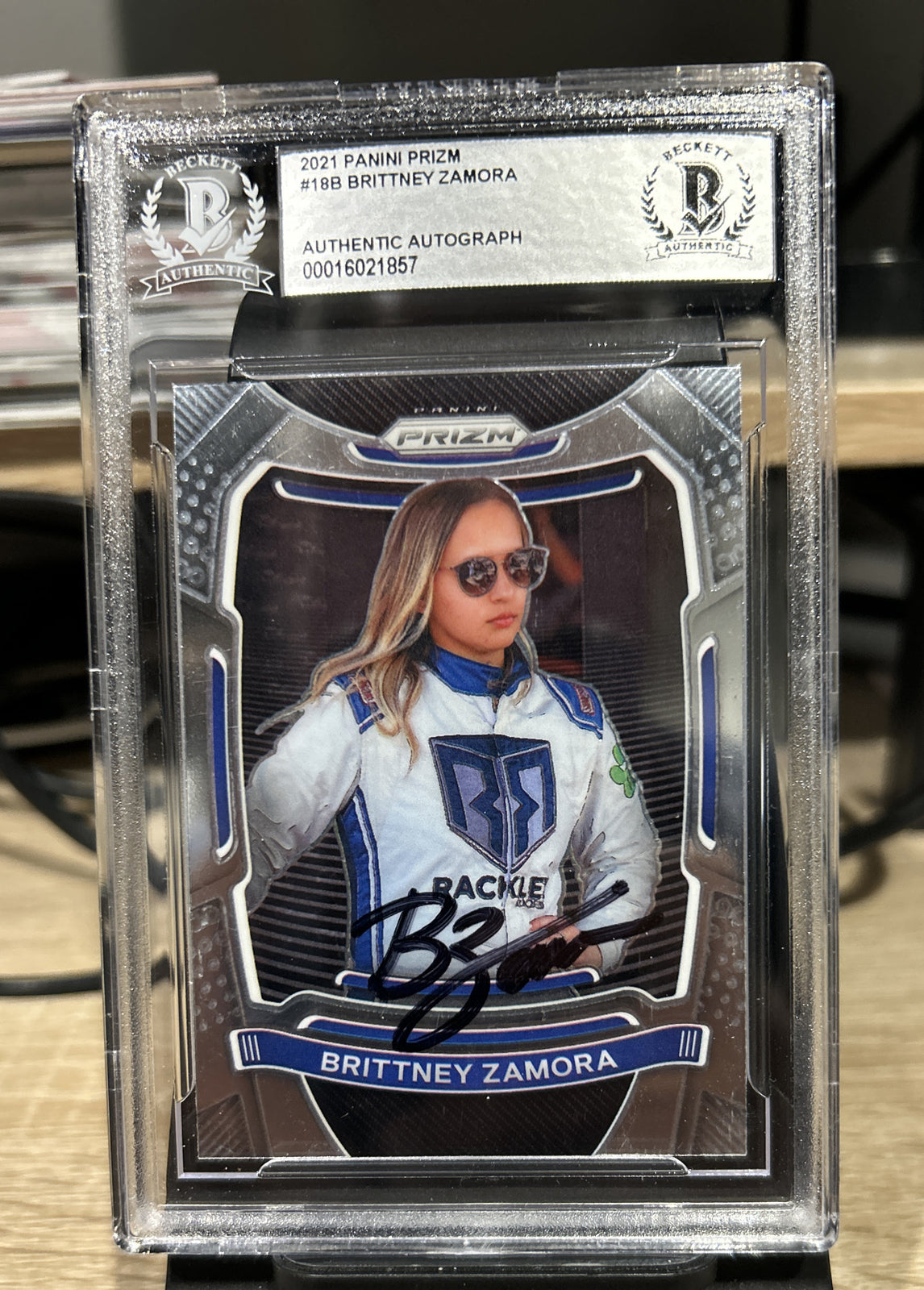 2021 Panini Prizm Brittney Zamora #18B Autograph Beckett BAS Encased NASCAR