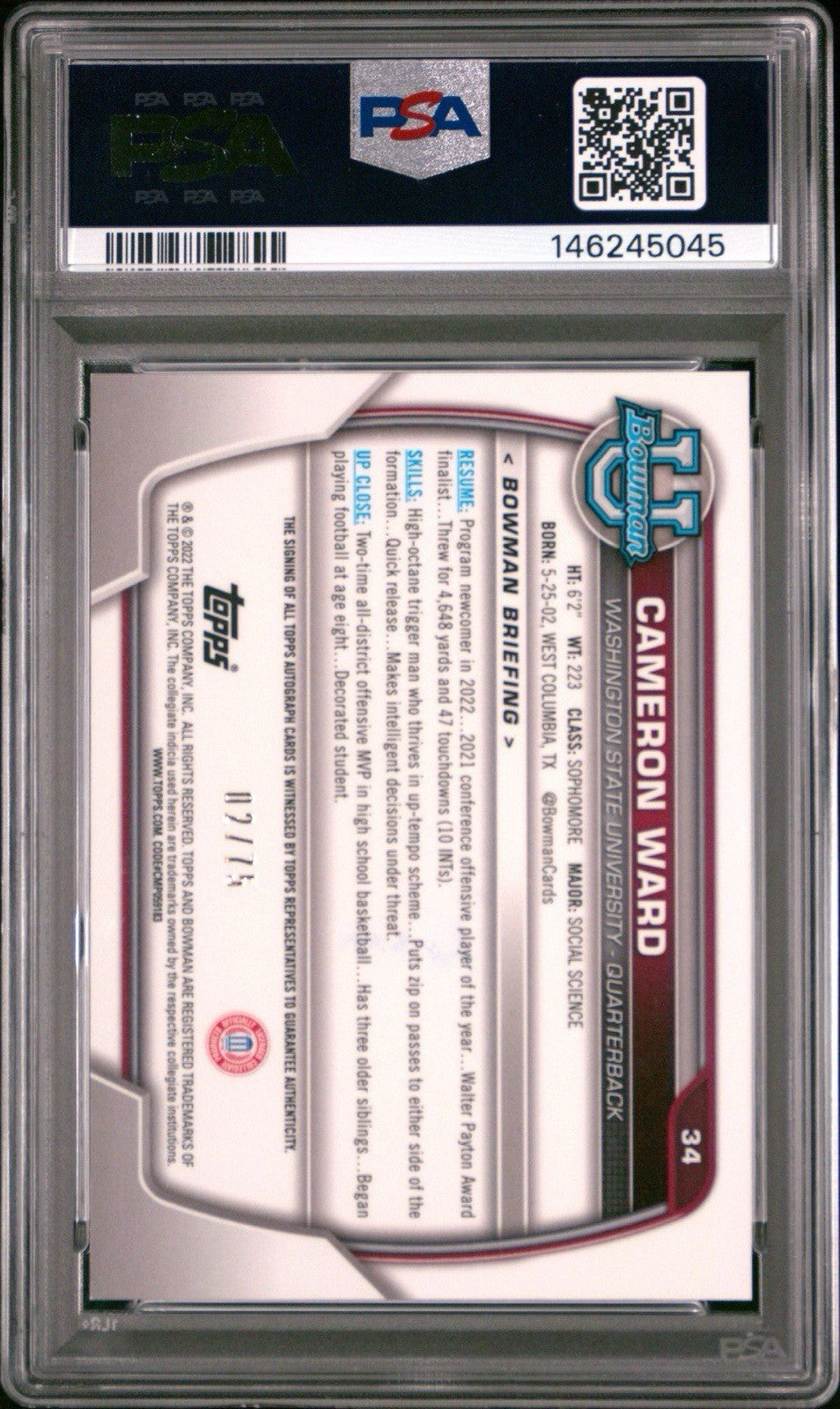 2022 BOWMAN U CHROME YELLOW REFRACTOR  AUTO CAM (CAMERON) WARD #d /75 - PSA 9