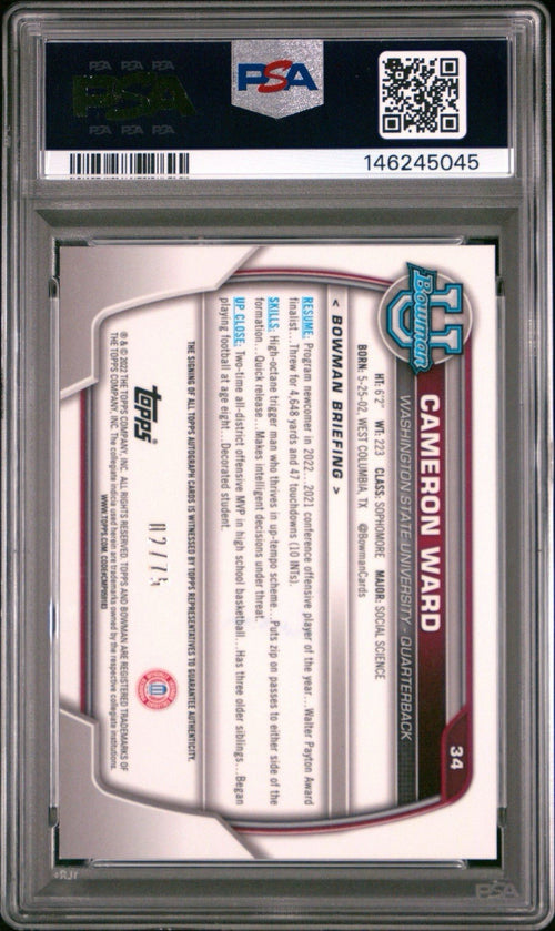 2022 BOWMAN U CHROME YELLOW REFRACTOR  AUTO CAM (CAMERON) WARD #d /75 - PSA 9
