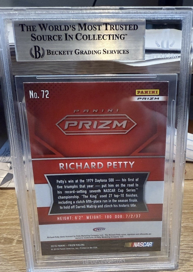 Signed Richard Petty 2016 Panini Prizm Red, White & Blue #72 - BAS Beckett Slab