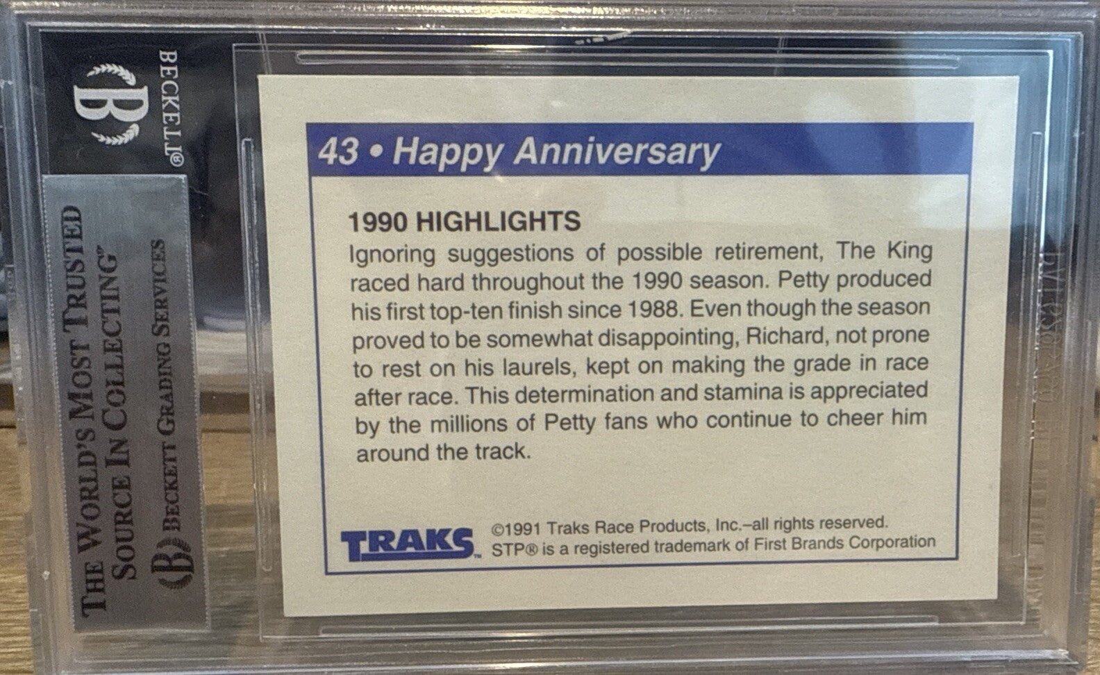 Signed Richard Petty 1991 Traks #43 NASCAR Beckett BAS Slab