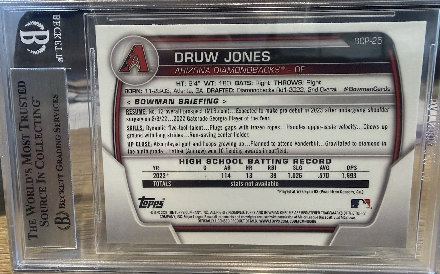Signed 2023 Bowman Chrome #BCP25 - Druw Jones - Beckett BAS Slab