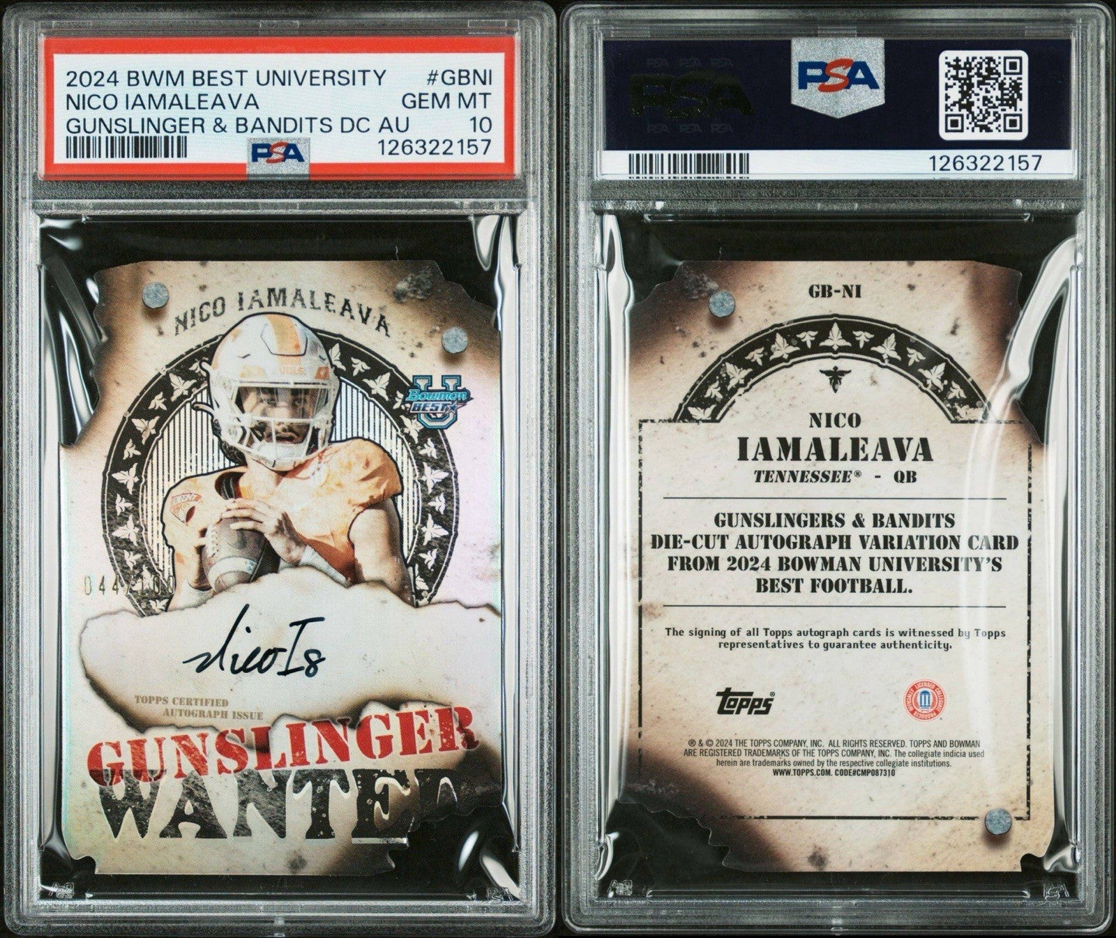 2024 Bowman's Best U Gunslingers Die-Cuts Nico Iamaleava Auto /100 PSA 10 Gem