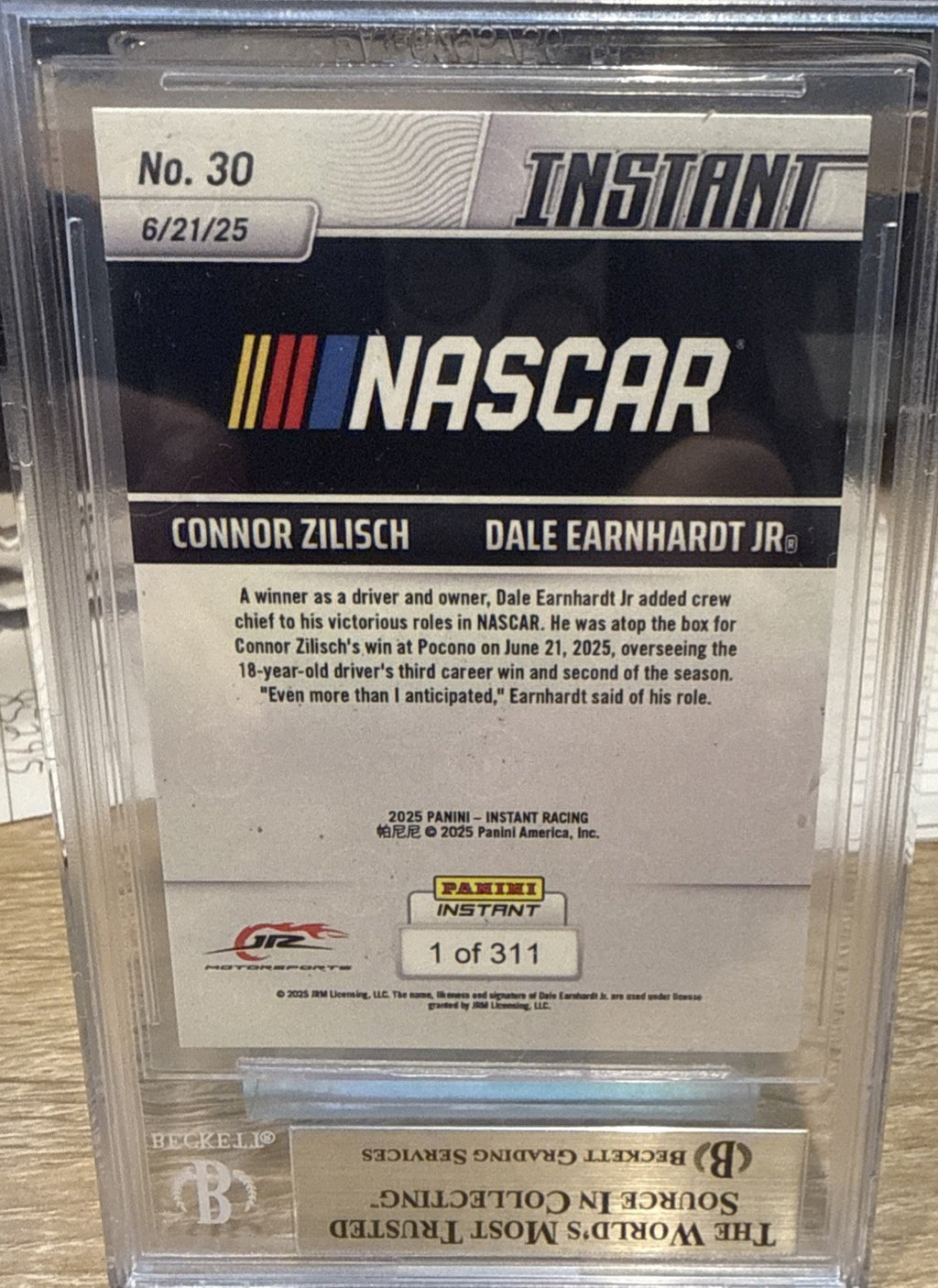 Signed Connor Zilisch 2025 Panini Instant #30 RC /311- Beckett BAS Slab