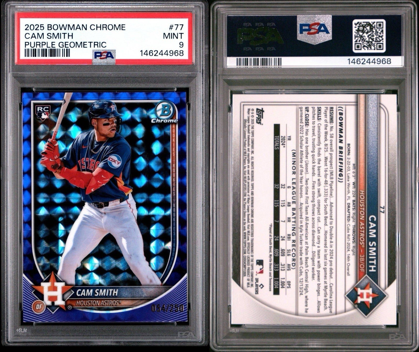 2025 Bowman Chrome Cam Smith #77 Purple Geometric /250 Rookie Card PSA 9 Mint