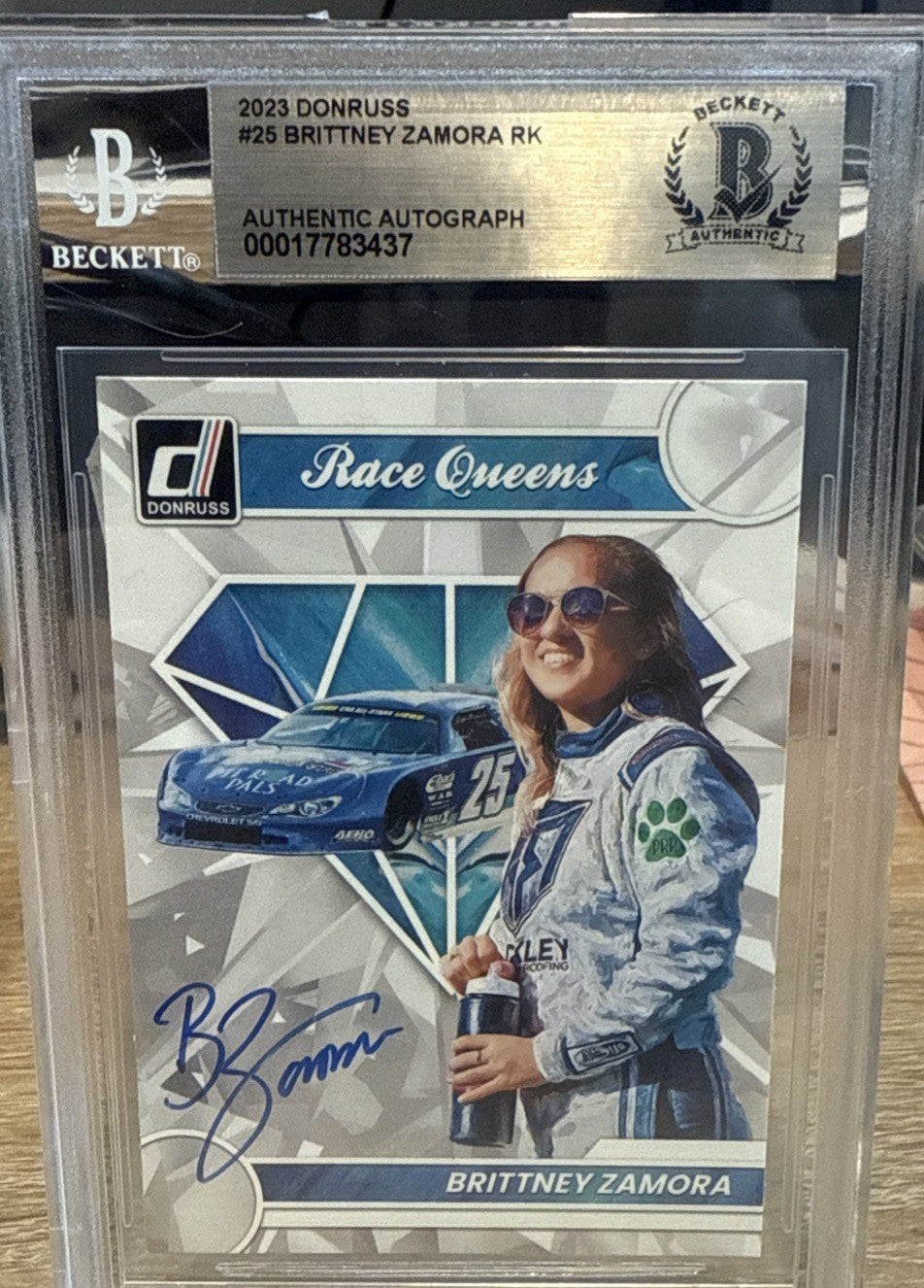Signed Brittney Zamora 2023 Donruss Race Queens #25 - BAS Beckett Slab