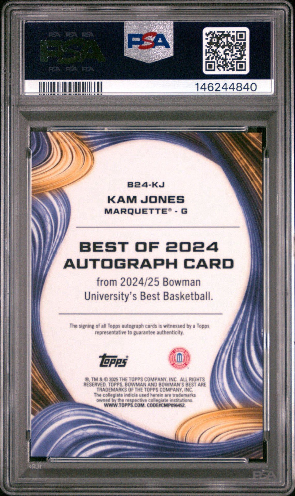 2024-25 Bowman Best U KAM JONES #B24-KJ Gold /50 AUTO Marquette PSA 9 Mint