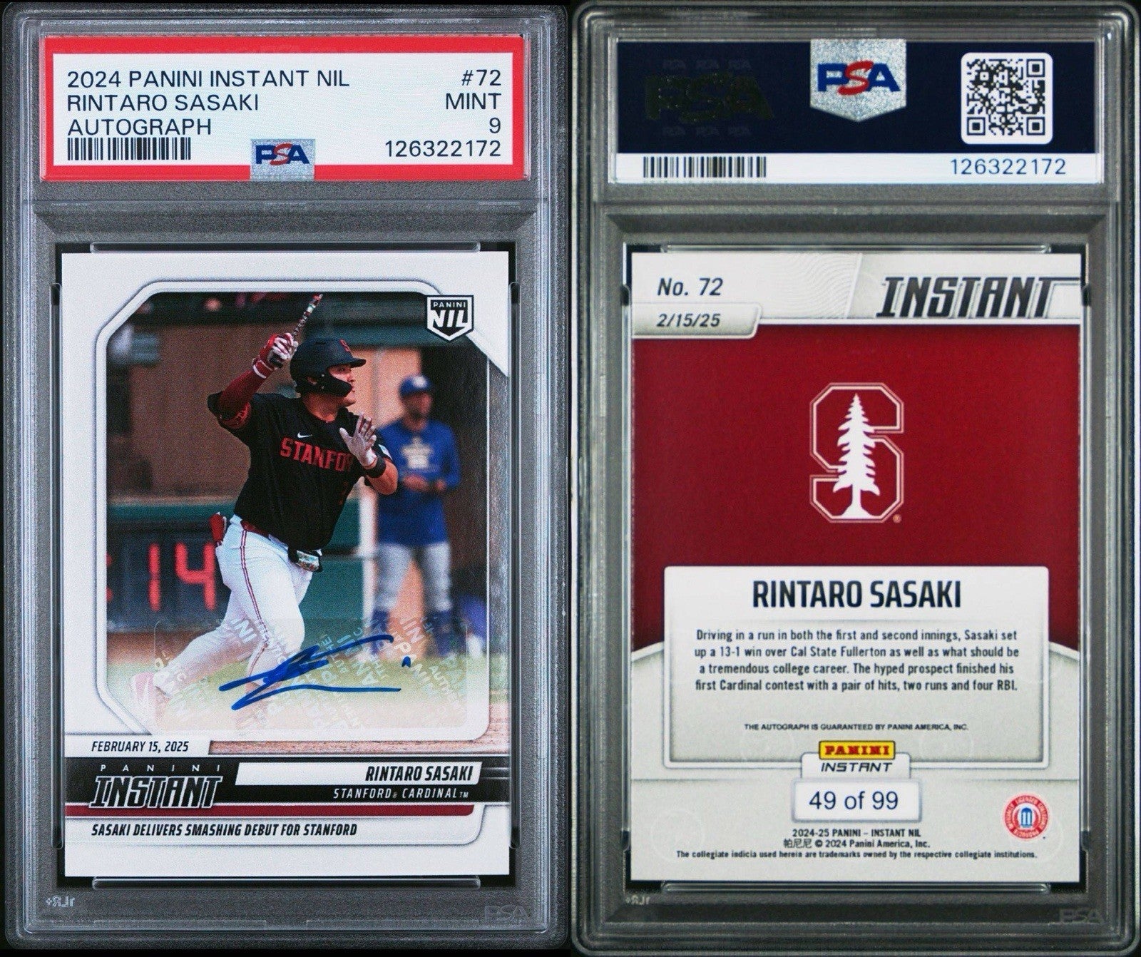 Rintaro Sasaki 2025 Panini Instant College Baseball Limited /99 Auto - PSA 9