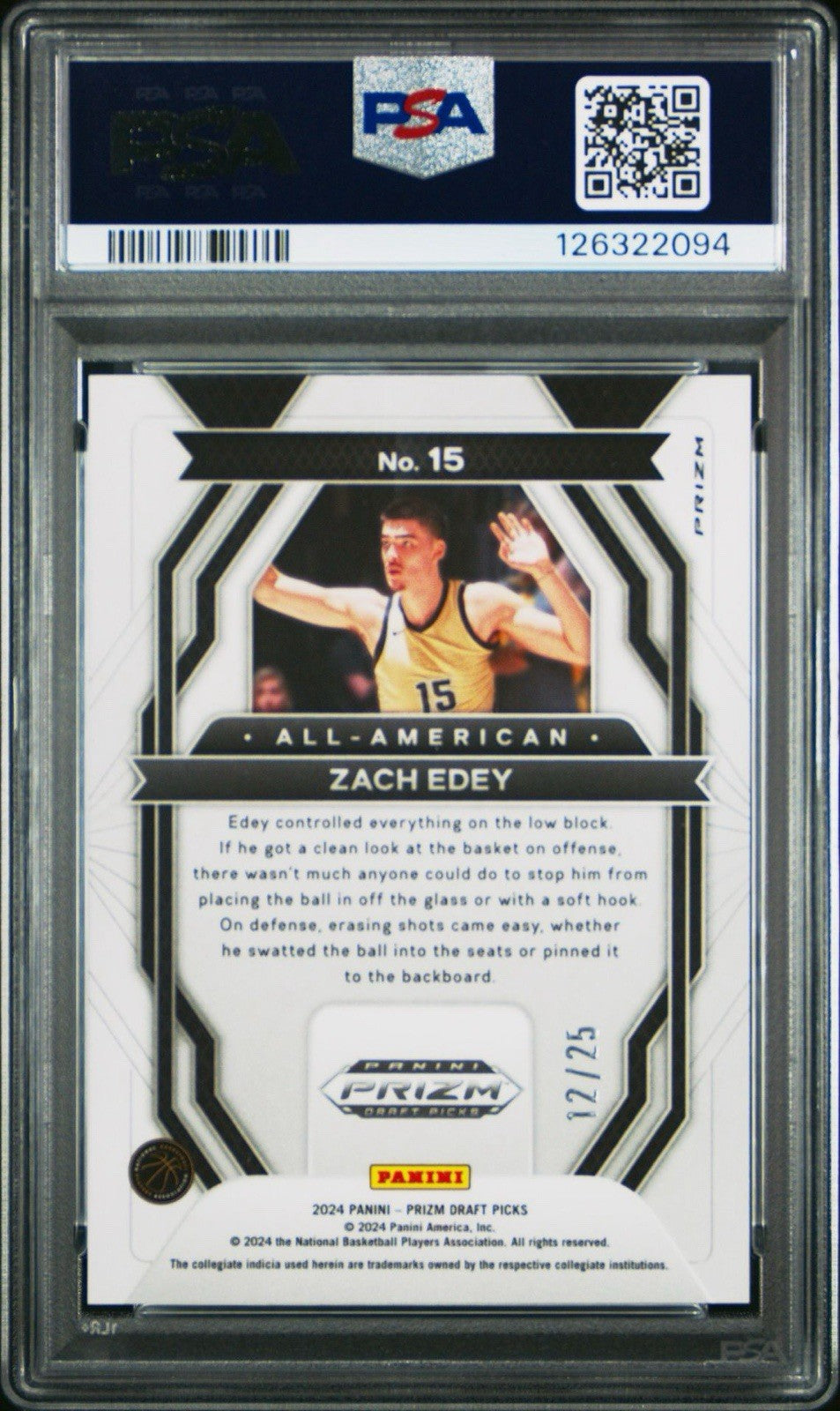2024 PANINI PRIZM DRAFT PICKS MOJO /25 All-American  #15 ZACH EDEY PSA 10