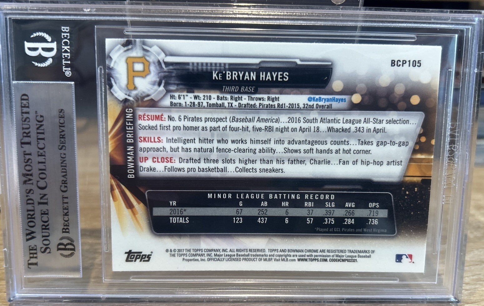 Signed Ke’Bryan Hayes 2017 Bowman Chrome #BCP105 Beckett BAS Slab Auto Pirates