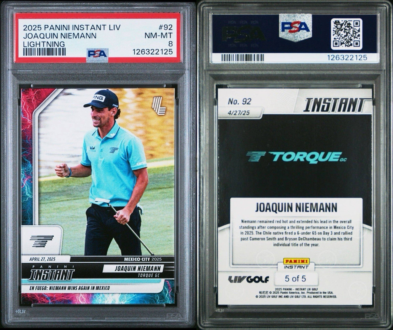 2025 PANINI INSTANT #92 LIV - Joaquin Niemann LIGHTNING SSP #d /5 - PSA 8