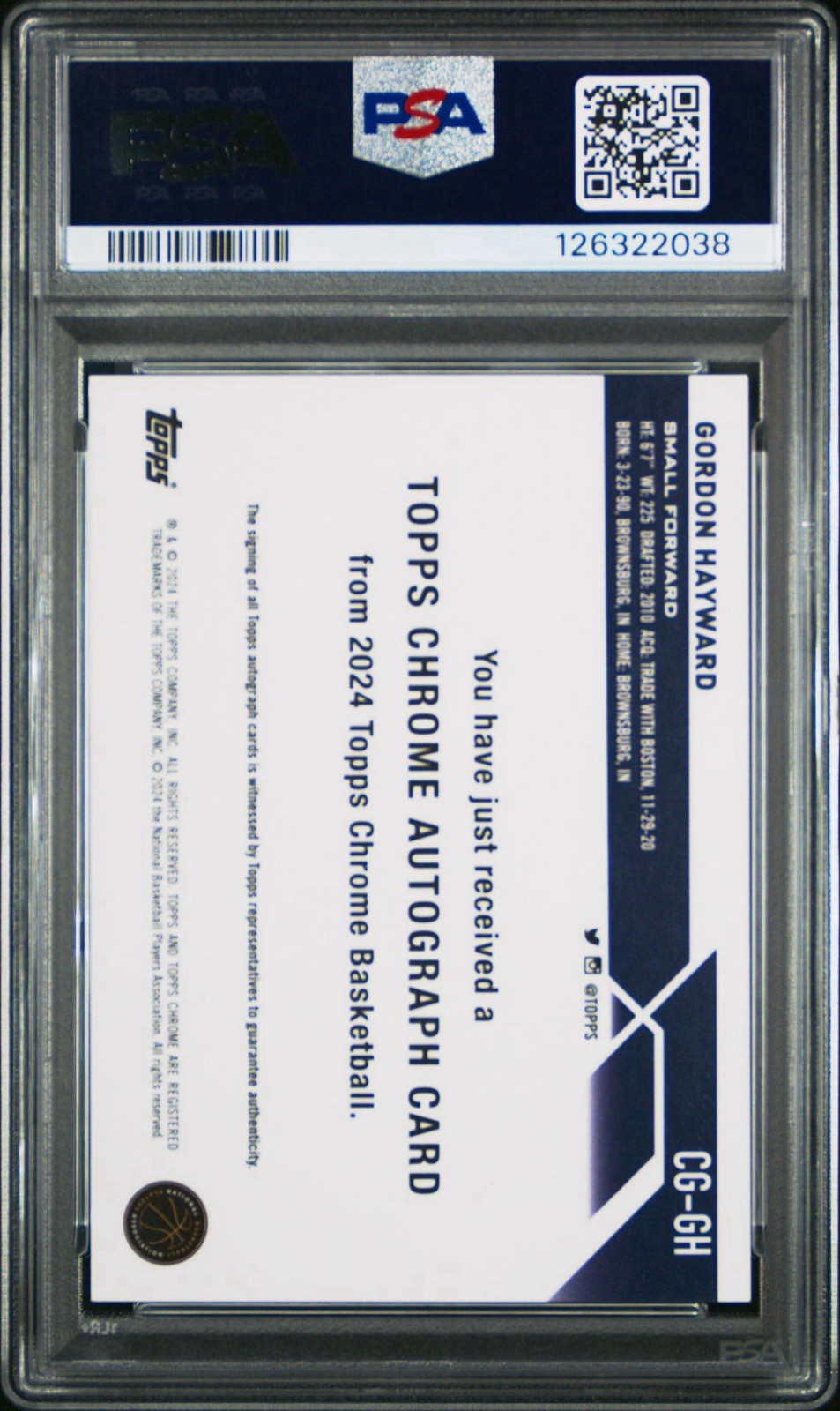 2023-24 Topps Chrome Sapphire Autographs Purple Gordon Hayward #d /10 - PSA 10