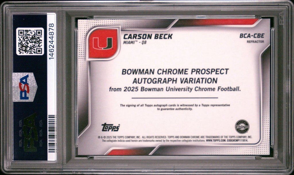 Carson Beck 2025 Bowman U Chrome Auto Refractor /299 #CBE PSA 9 Miami Canes