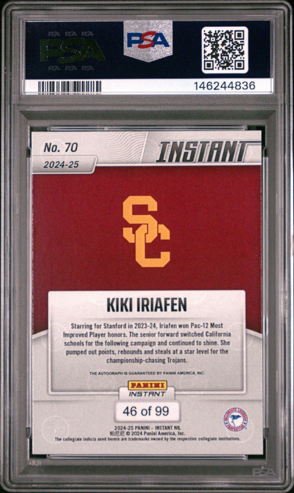 Kiki Iriafen 2024-25 Panini Instant NIL #70 Signed Auto /99 RC USC - PSA 9 Mint