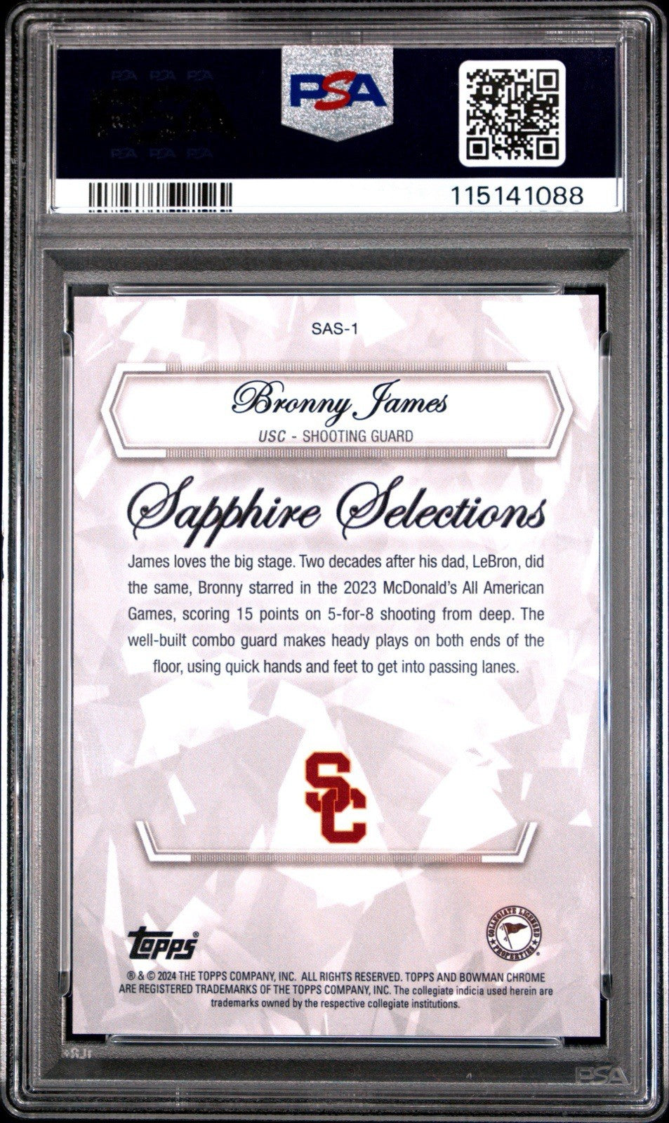 Bronny James 2023 Bowman U Sapphire SAS1 Sapphire Selections RC PSA 10