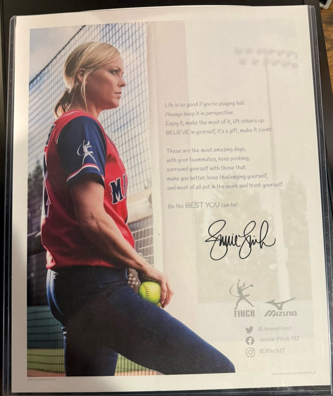 Jennie Finch Signed 8x10 Mizuno Promo Card Stock