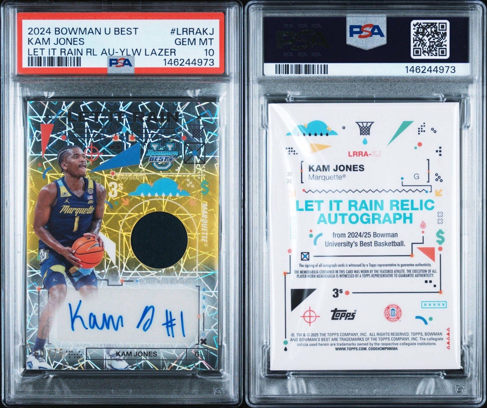 Kam Jones 2024 BOWMAN U BEST LET IT RAIN RELIC AUTO Yellow Lazer /75 - PSA 10