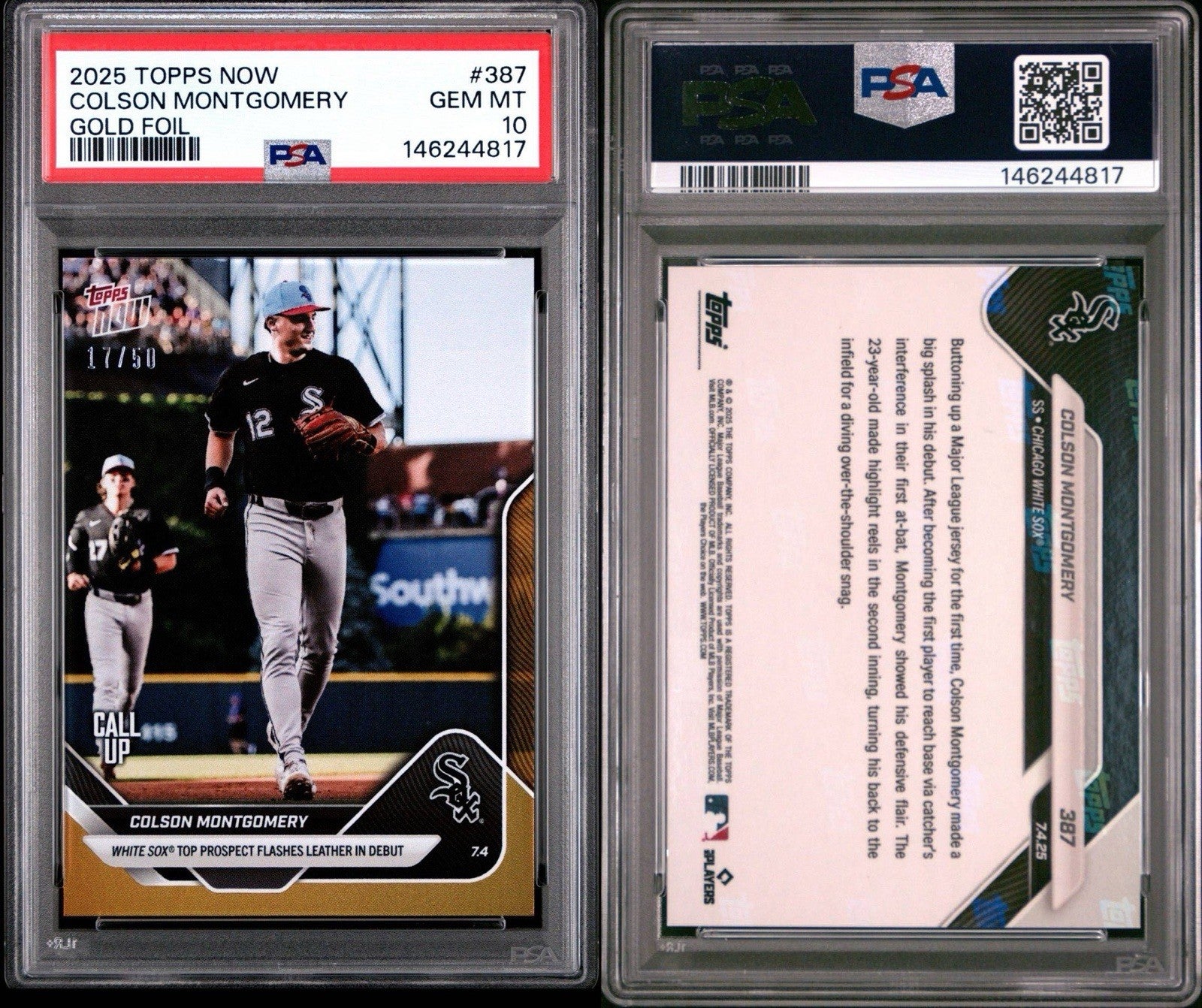 2025 Topps Now Call-Up Gold Foil #d /50 Colson Montgomery #387 PSA 10 Gem
