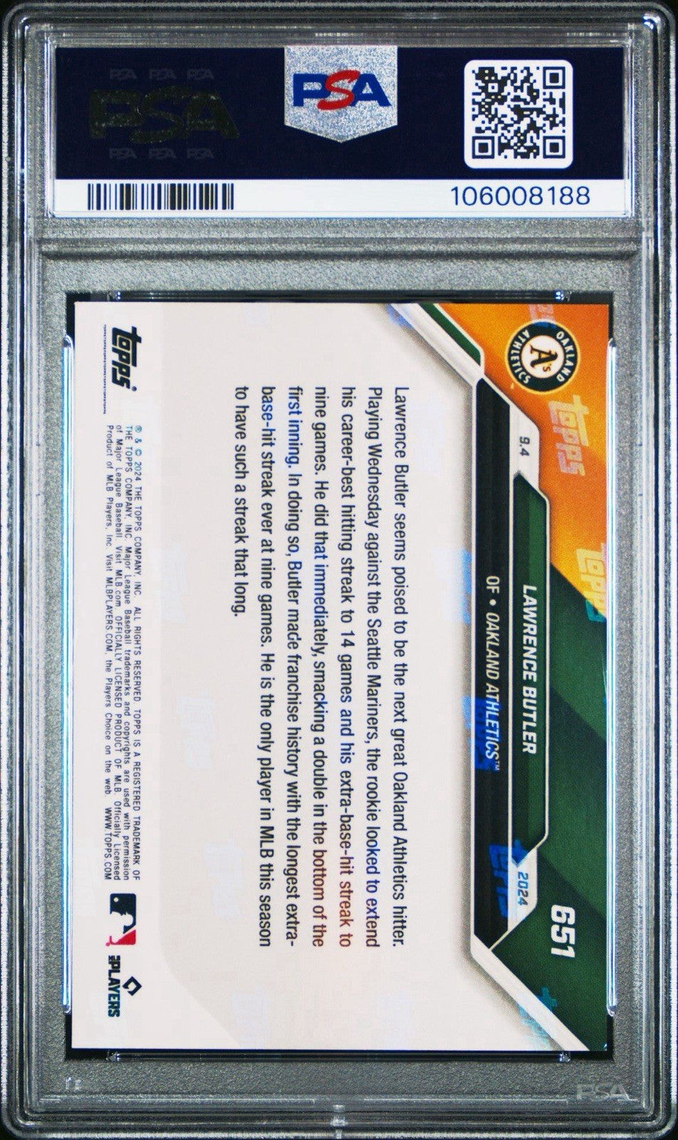 2024 Topps Now #651 Lawrence Butler Red Parallel /10 Oakland Athletics RC PSA 9