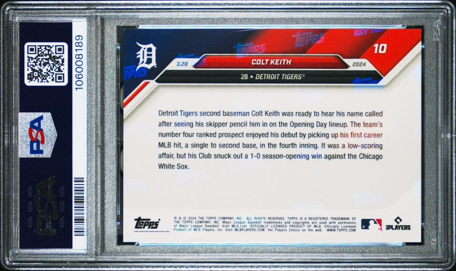 2024 Topps Now Colt Keith 1st MLB Hit on Opening Day #10 Purple /25 PSA 9 Mint