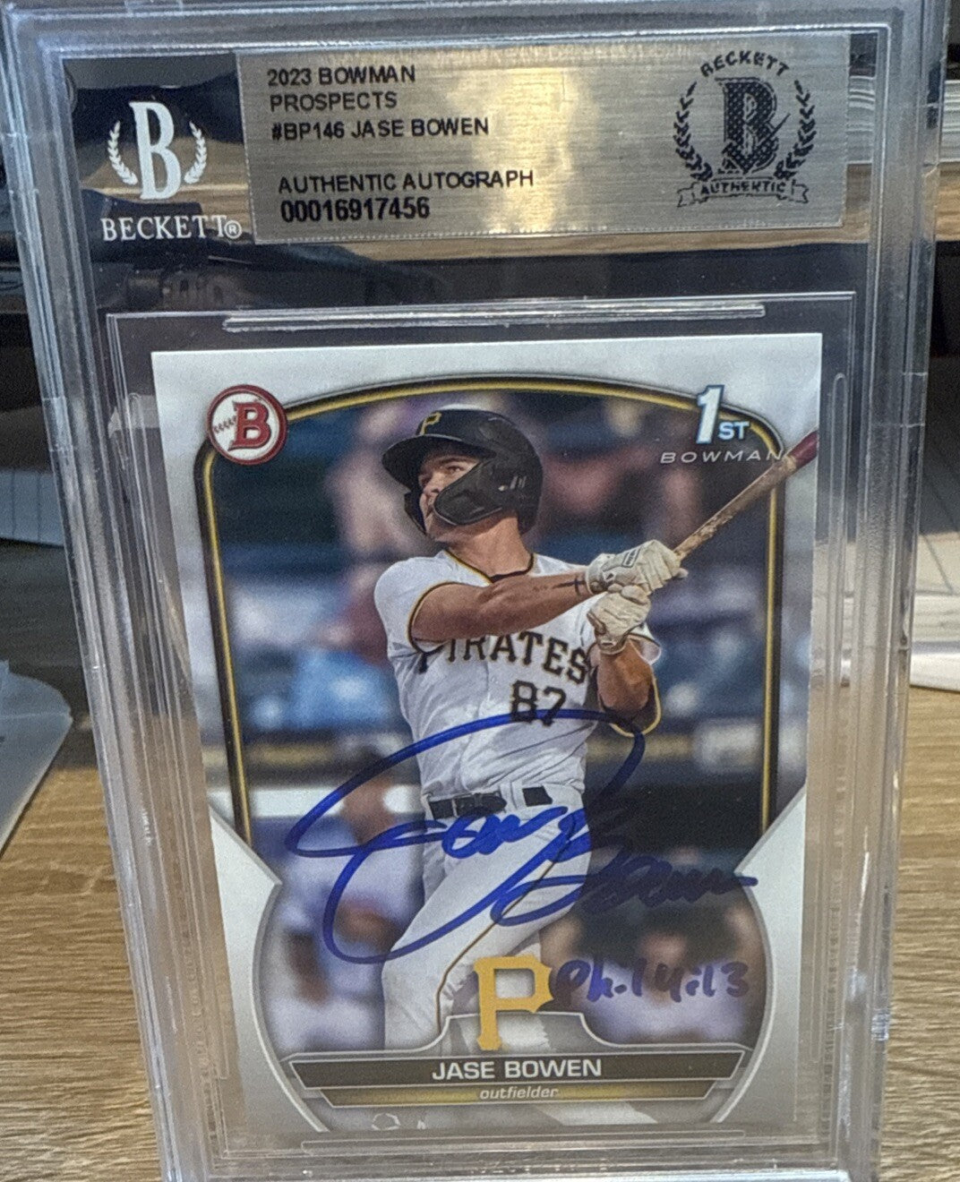 Signed Jase Bowen 2023 Bowman 1st card Pittsburgh Beckett BAS Slabbed