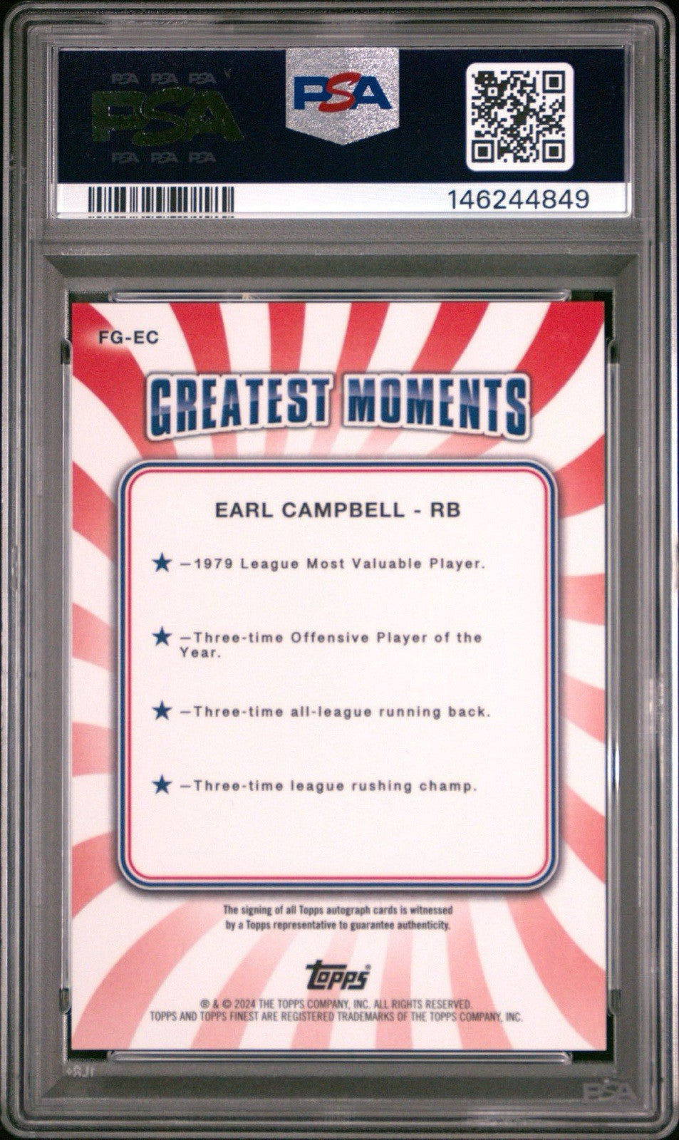 2024 Topps Finest - Finest Greats Autographs Earl Campbell #FG-EC Gold Geo PSA 9