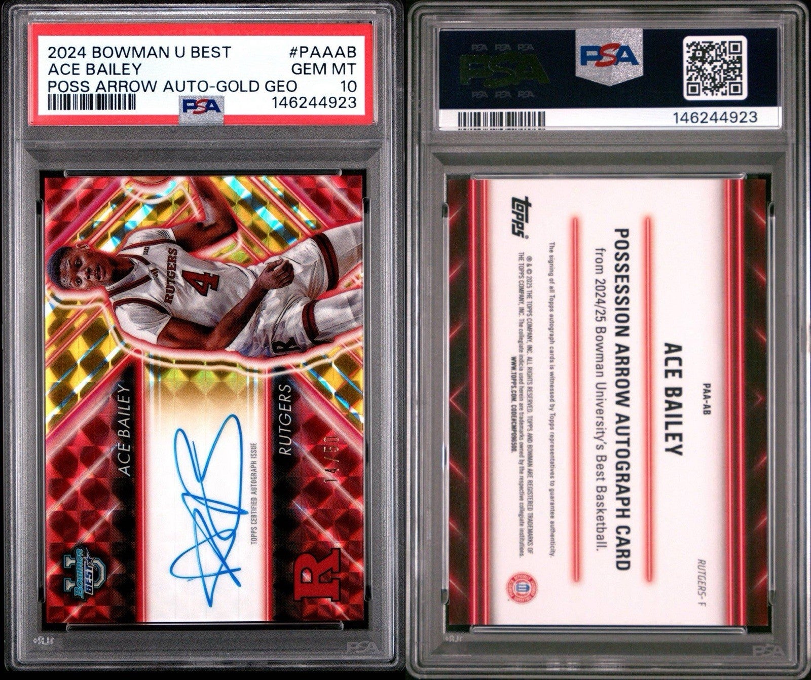 2024 BOWMAN U BEST ACE BAILEY POSSESSION ARROW AUTO Gold GEO. /50 PSA 10 Gem