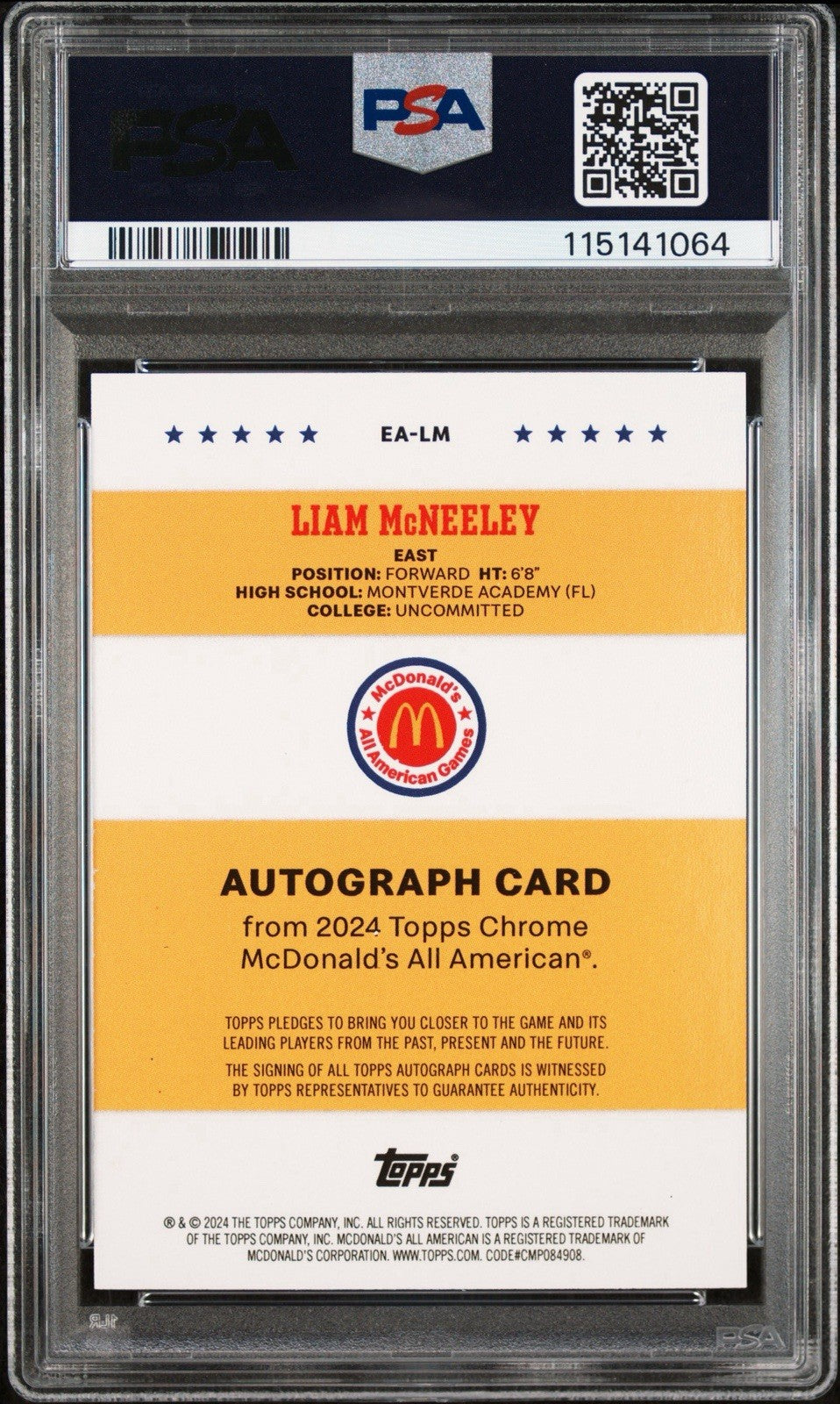 LIAM MCNEELEY 2024 TOPPS CHROME MCDONALD'S ALL-AMERICAN EVENT Auto PSA 9