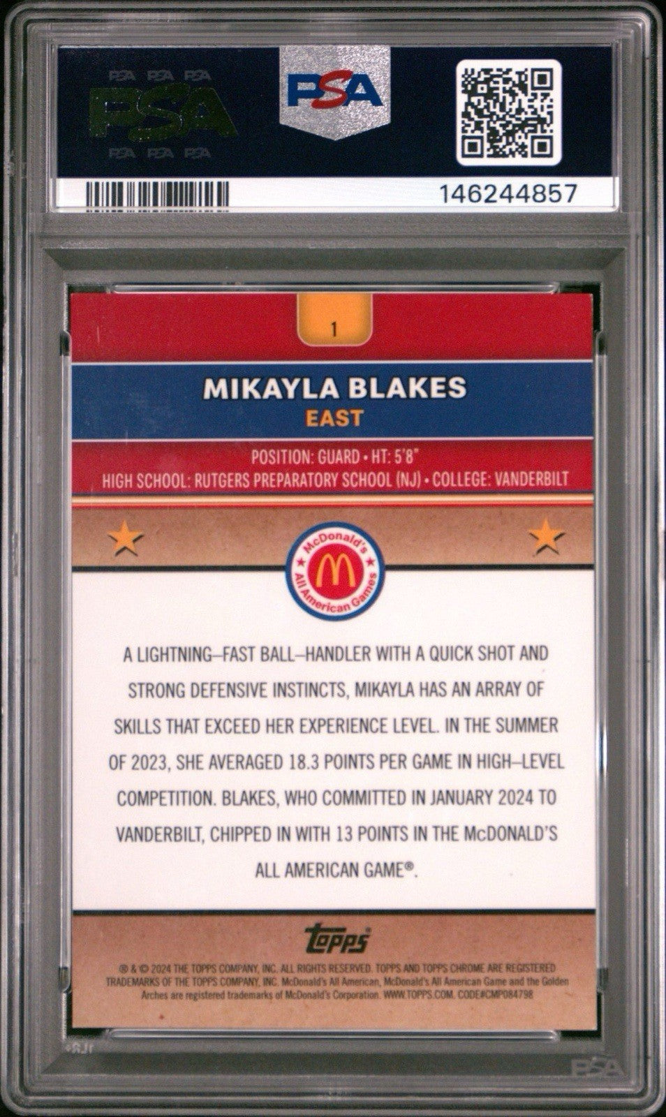 2024 Topps McDonald's Chrome MIKAYLA BLAKES #1 Rookie RC Red Refractor 5/5 PSA 9