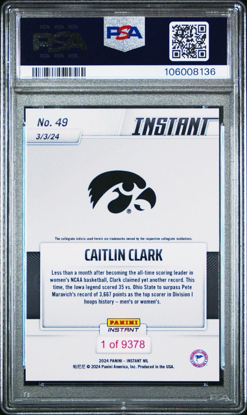 2024 Panini Instant Scoring Leader #49 Caitlin Clark PSA 9
