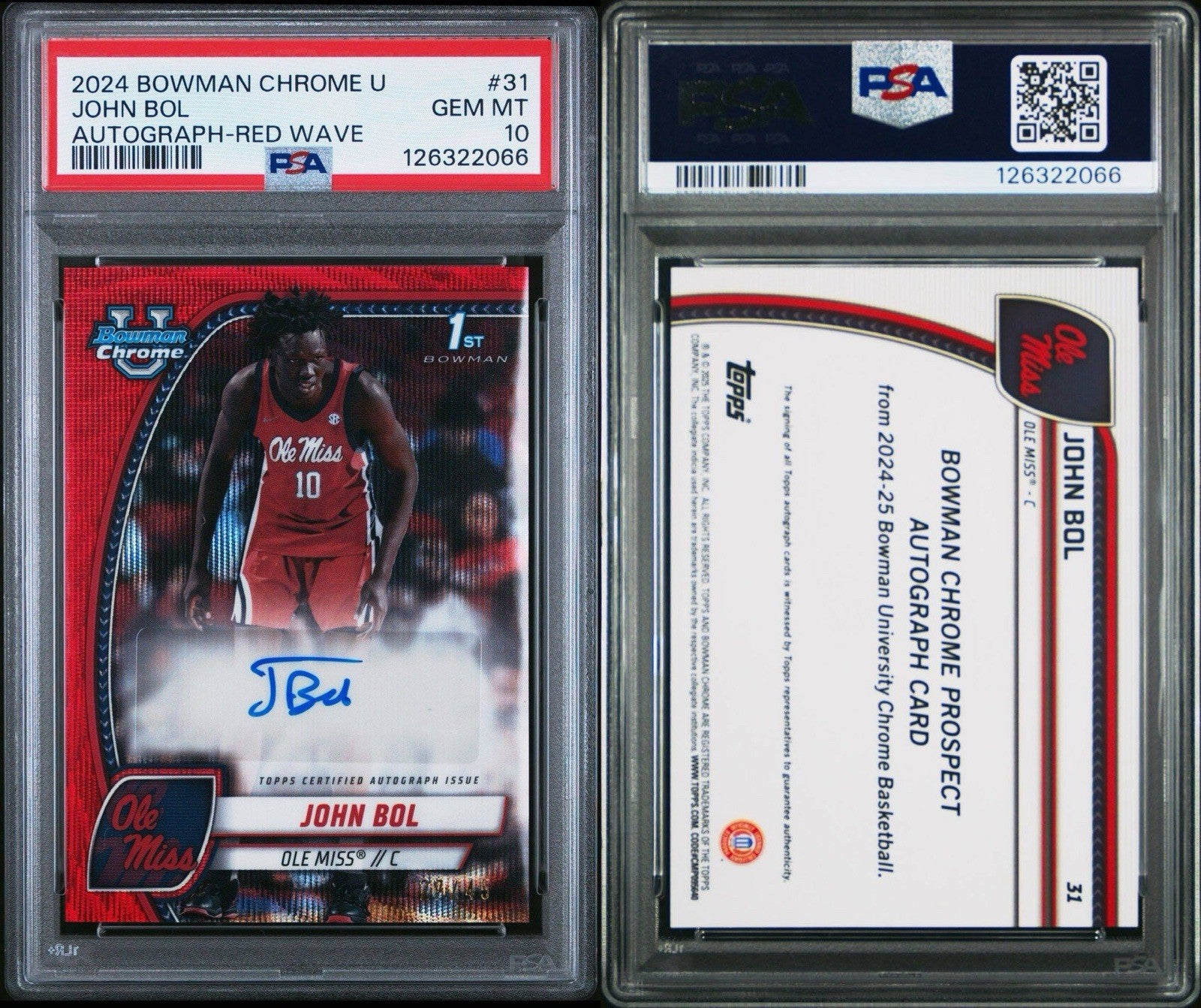 2024 BOWMAN CHROME U JOHN BOL /45 RED WAVE Auto PSA 10 Gem