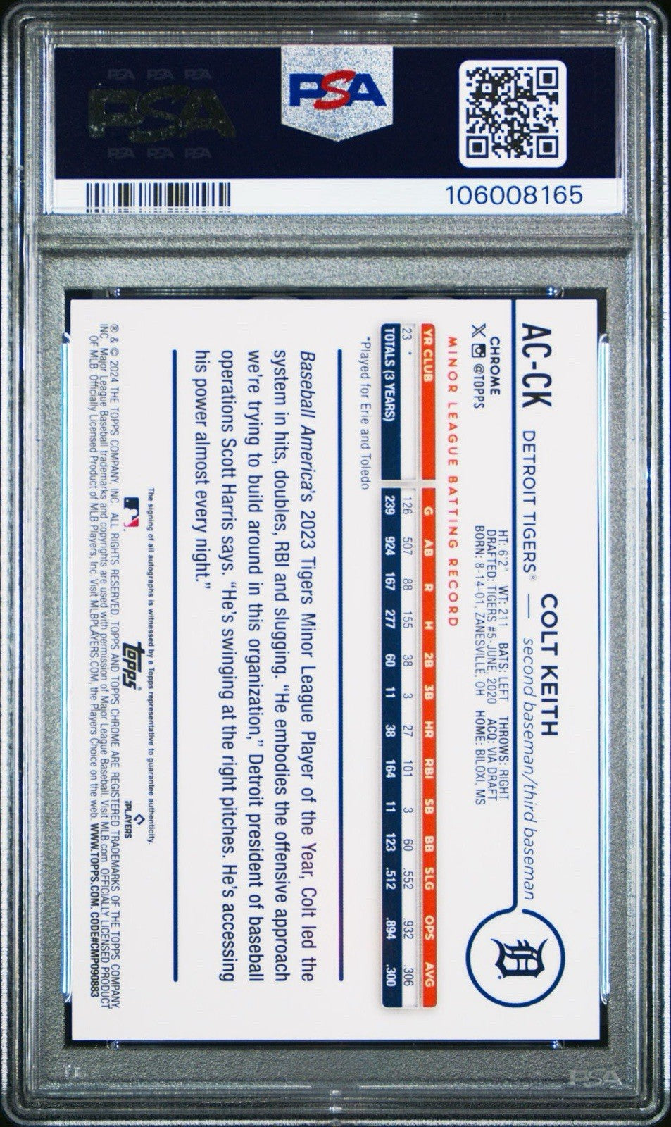 Colt Keith 2024 Topps Chrome Update Rookie Auto Blue Ray Wave /150 PSA 10 Gem MT