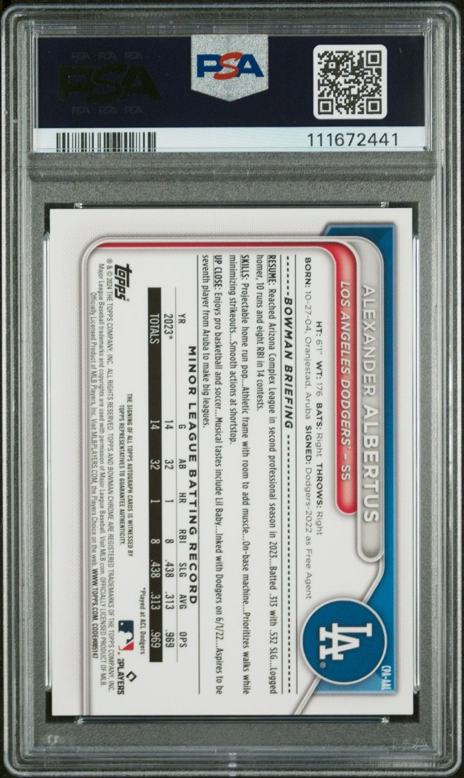 2024 Bowman Chrome Auto Alexander Albertus #CPA-AAL HTA Choice  /150 PSA 10
