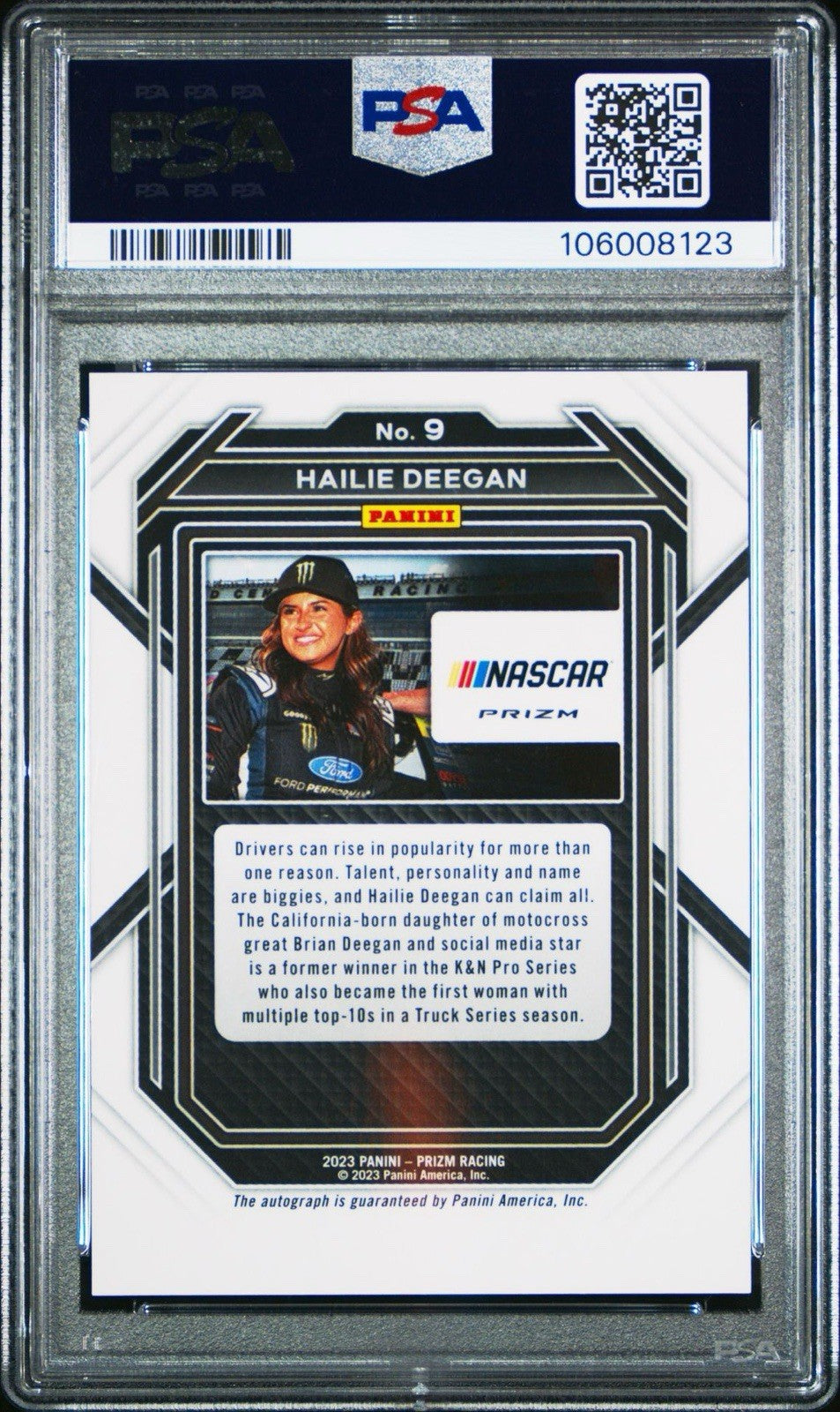 2023 Panini Prizm #9 Hailie Deegan Silver Prizm Signatures - PSA 8